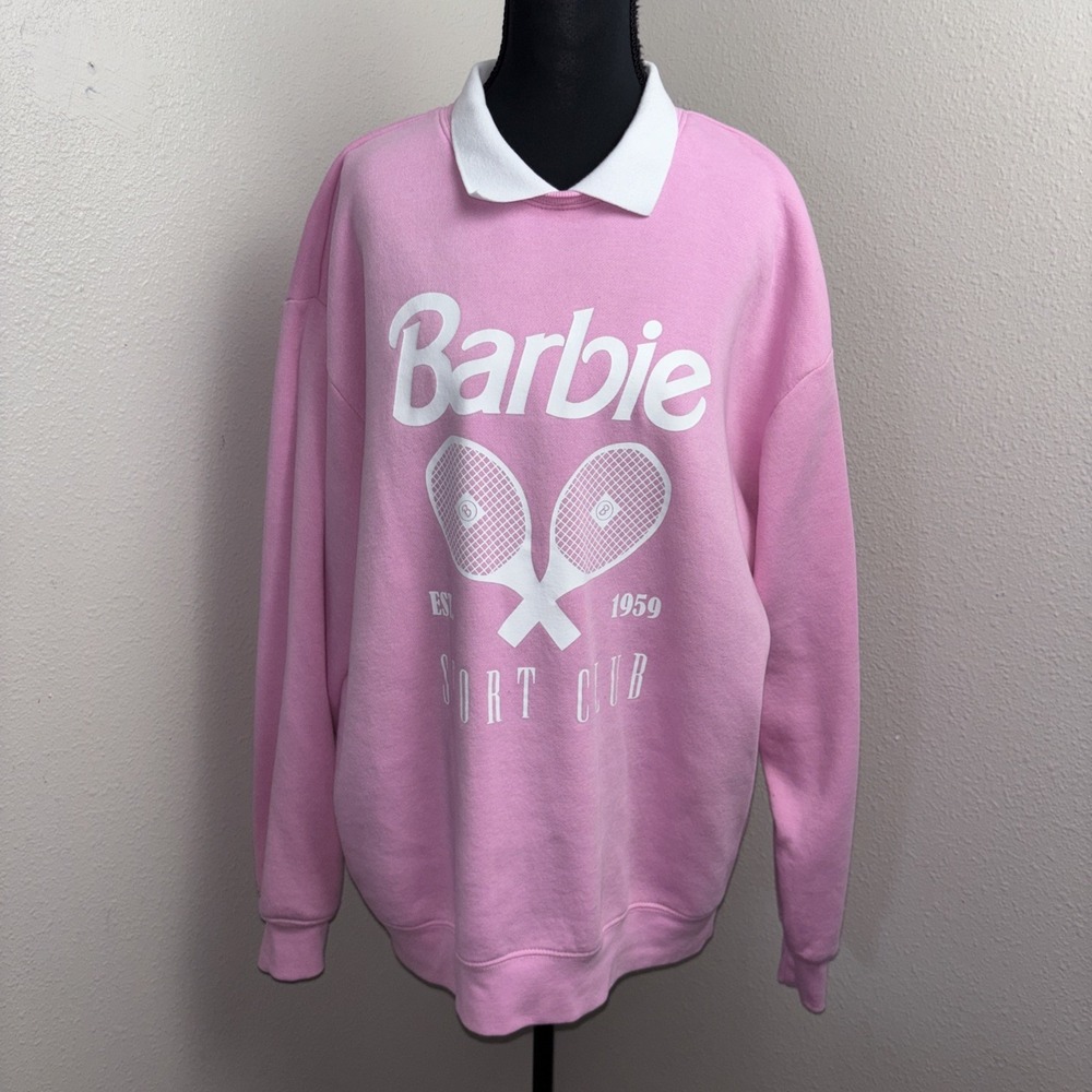 Barbie Sport Club XL Pink Crew Sweater White Collar Tennis Racket Pickle Ball